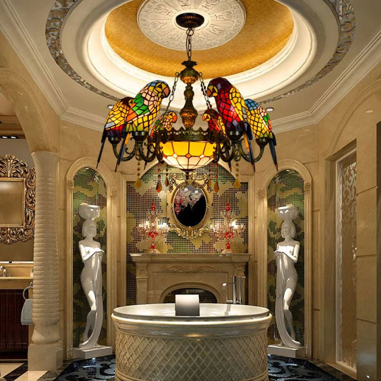 Art Deco Tiffany style Parrot Stained Glass Chandelier