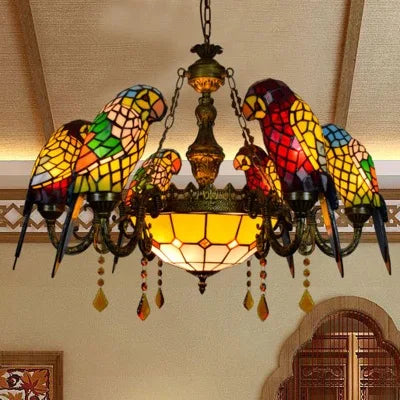 Art Deco Tiffany style Parrot Stained Glass Chandelier