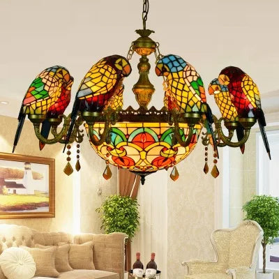 Art Deco Tiffany style Parrot Stained Glass Chandelier