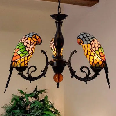 Art Deco Tiffany style Parrot Stained Glass Chandelier