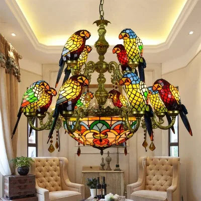 Art Deco Tiffany style Parrot Stained Glass Chandelier