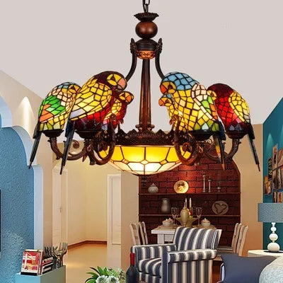 Art Deco Tiffany style Parrot Stained Glass Chandelier