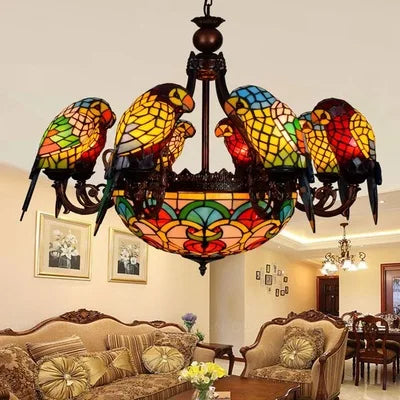 Art Deco Tiffany style Parrot Stained Glass Chandelier