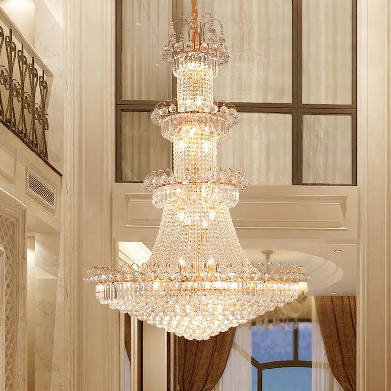 Luxury Large Gold Crystal Pendant Chandelier for High Ceiling Spaces