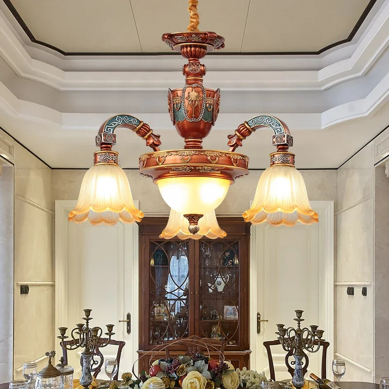 European Luxury Retro Iron Chandelier with Frosted Glass