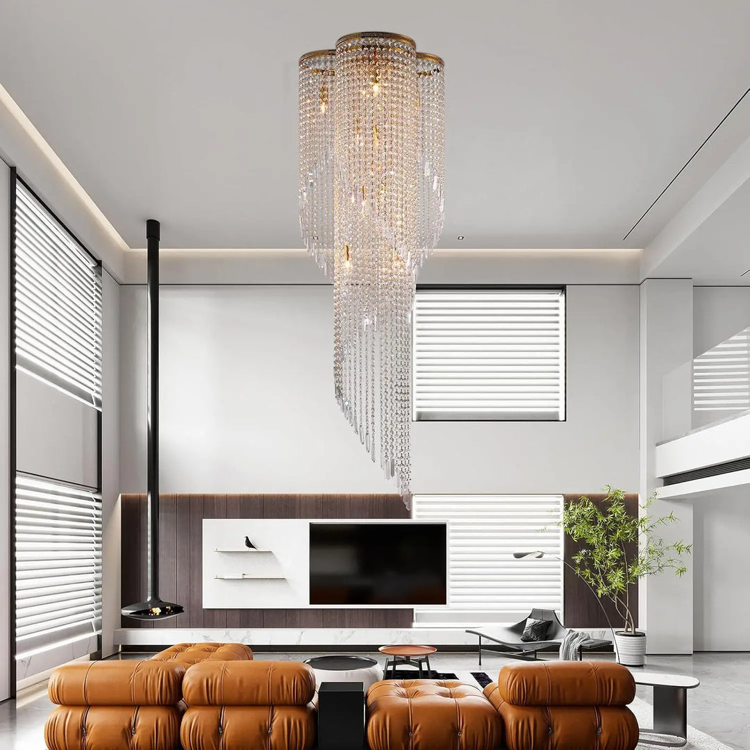 Large Spiral Crystal Beaded Chandelier – 9-Light Gold Luxury Pendant