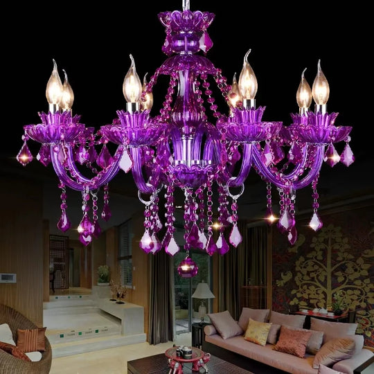 Lustre en cristal violet, éclairage luxueux pour salon, suspension LED en cristal violet, luminaires suspendus pour salle à manger et cuisine.