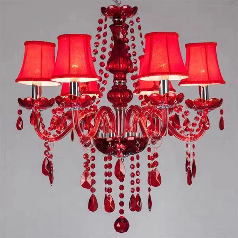 Lustre en cristal rouge avec abat-jour en verre, 6 ou 8 têtes