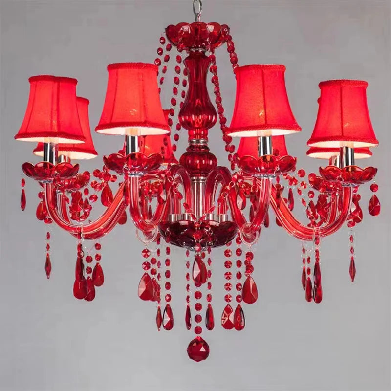 Lustre en cristal rouge avec abat-jour en verre, 6 ou 8 têtes