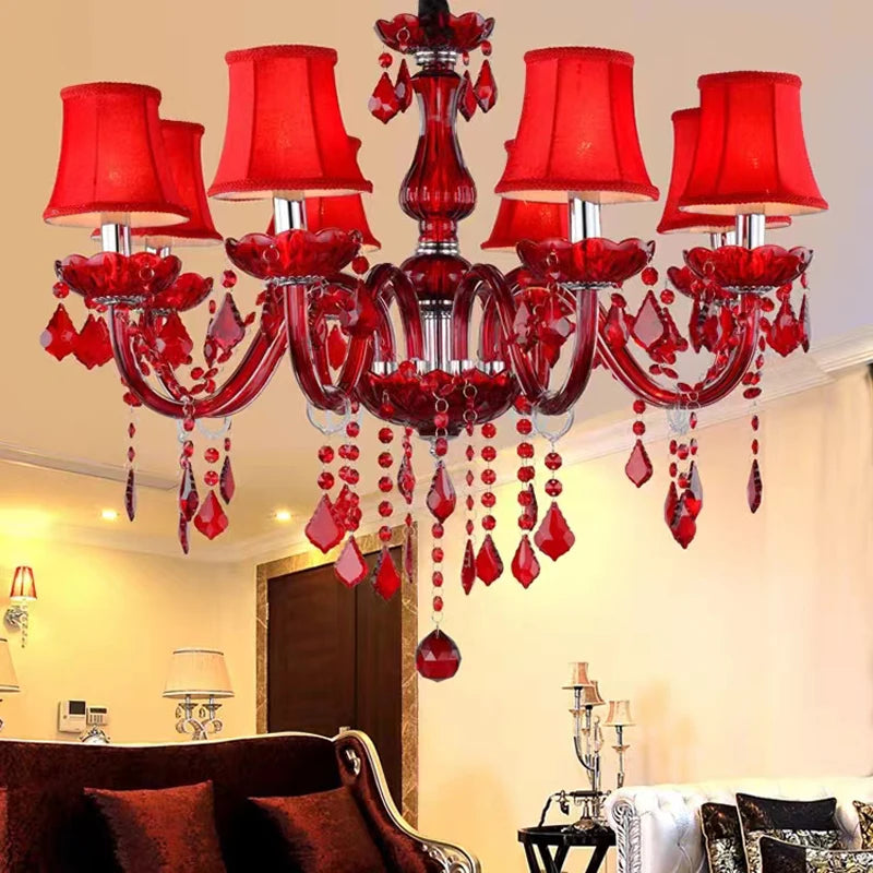 Lustre en cristal rouge avec abat-jour en verre, 6 ou 8 têtes