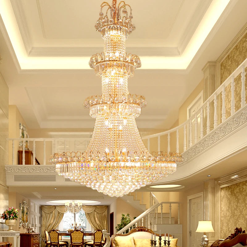 Luxury Large Gold Crystal Pendant Chandelier for High Ceiling Spaces