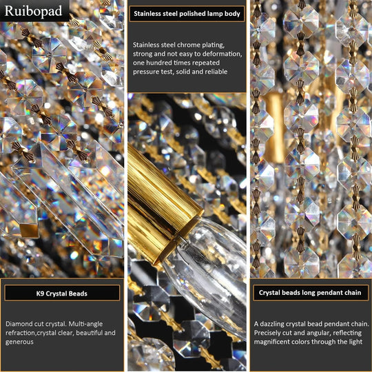 Large Spiral Crystal Beaded Chandelier – 9-Light Gold Luxury Pendant