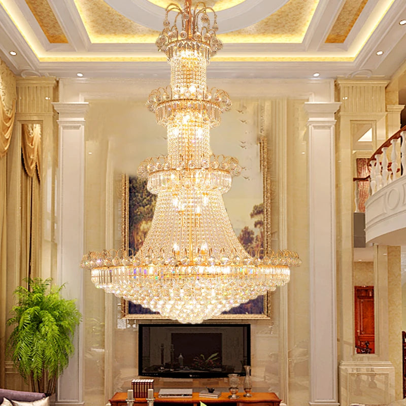 Luxury Large Gold Crystal Pendant Chandelier for High Ceiling Spaces