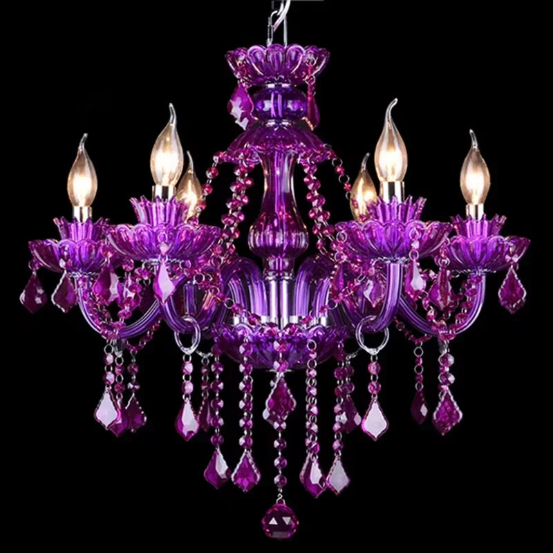 Lustre en cristal violet, éclairage luxueux pour salon, suspension LED en cristal violet, luminaires suspendus pour salle à manger et cuisine.