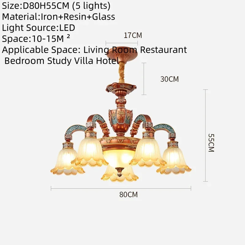 European Luxury Retro Iron Chandelier with Frosted Glass