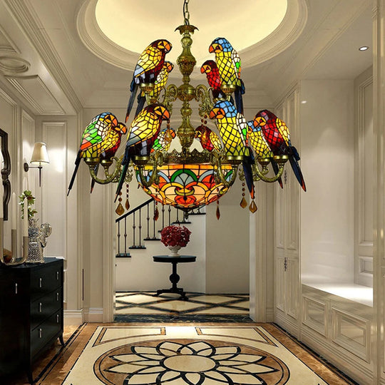 Art Deco Tiffany style Parrot Stained Glass Chandelier