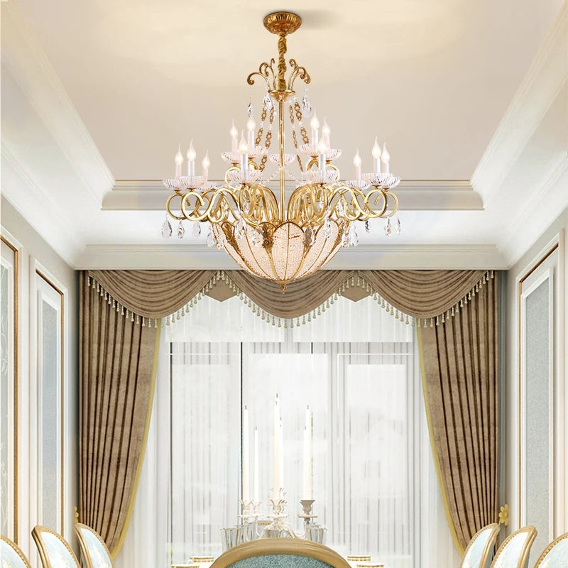 European Crystal Candle Brass Chandelier