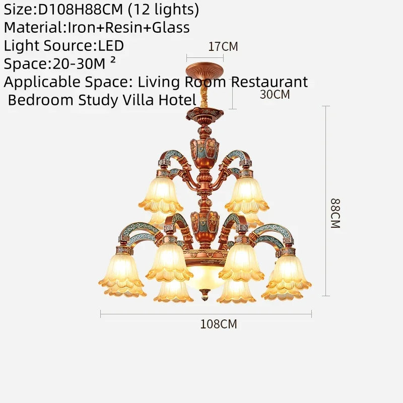 European Luxury Retro Iron Chandelier with Frosted Glass