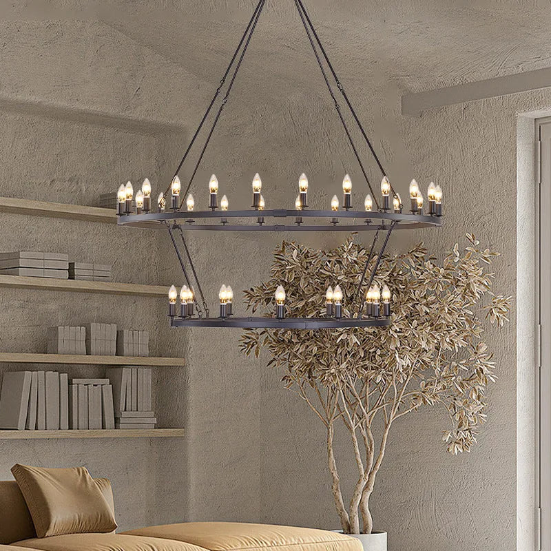 American Wagon Wheel Chandelier – Retro Industrial Candle Pendant Light for Cafe, Restaurant, Bar, and Living Room