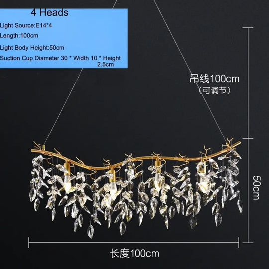 Elegant Long Gold K9 Crystal Chandelier - Ideal for Kitchen, Dining Room, Bedroom, and Living Room Ceiling Lighting, Featuring Branch-Style Chandeliers - DecorGlobe
