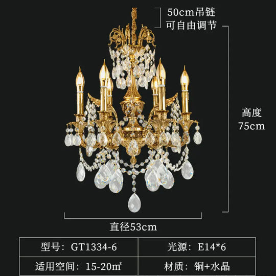 French Crystal Copper Branch Chandelier for Villa Living 6-Head Chandelier (Diameter 53cm Height 75cm)
