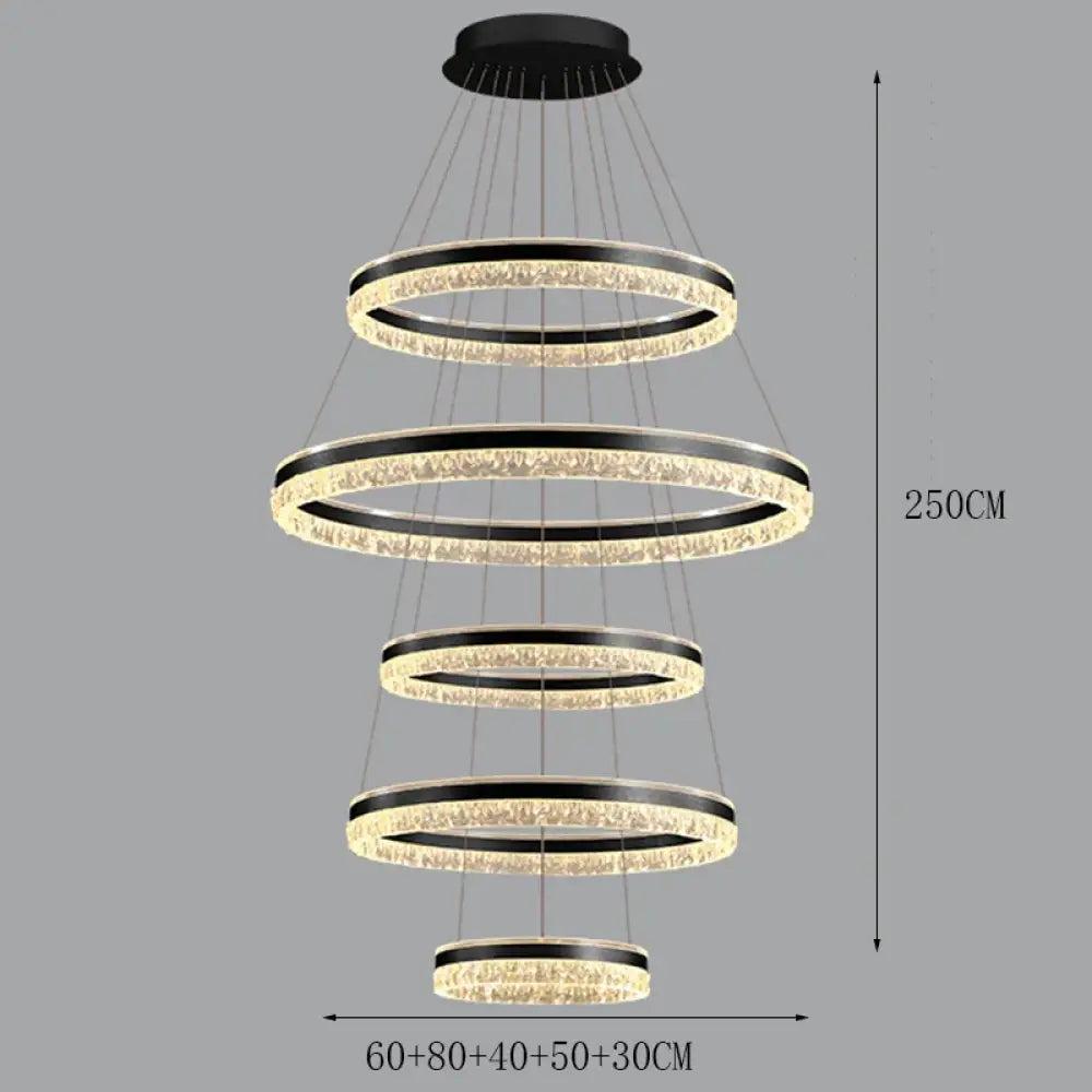 Modern Crystal Stair Pendant Light for Living Room and Hall 5 rings Black / APP with RC Dimmable