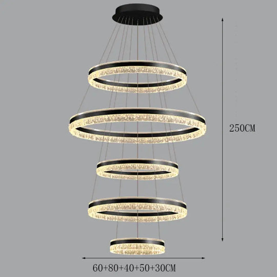 Modern Crystal Stair Pendant Light for Living Room and Hall 5 rings Black / APP with RC Dimmable