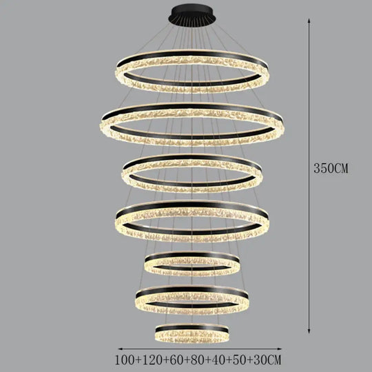 Modern Crystal Stair Pendant Light for Living Room and Hall 7 rings Black / APP with RC Dimmable