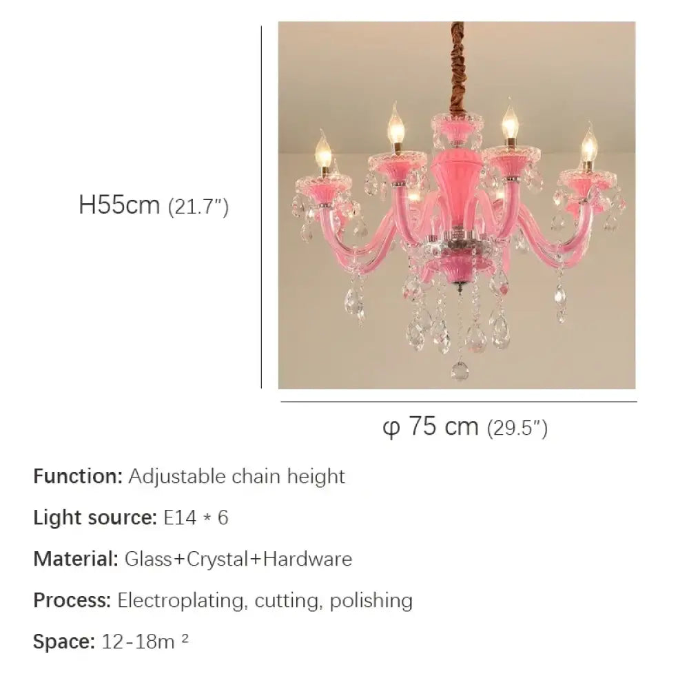Art Candle Pink Crystal - Pendant Chandelier for Bedroom | Girls’ Room Children’s Room Living Room Restaurant 6 Lights
