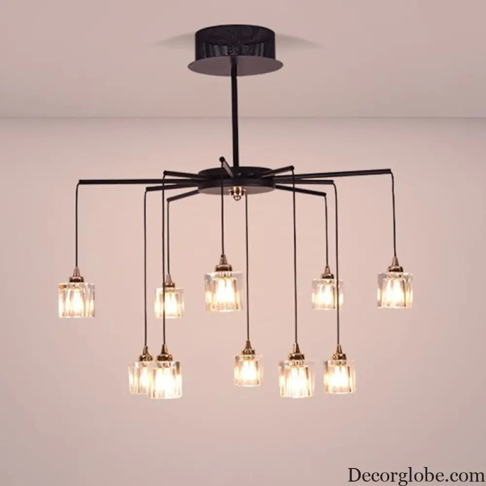 Modernist Radial Ceiling Chandelier - 10 Lights with Black Finish Metal Pendant and Clear Crystal Cube Shade Black