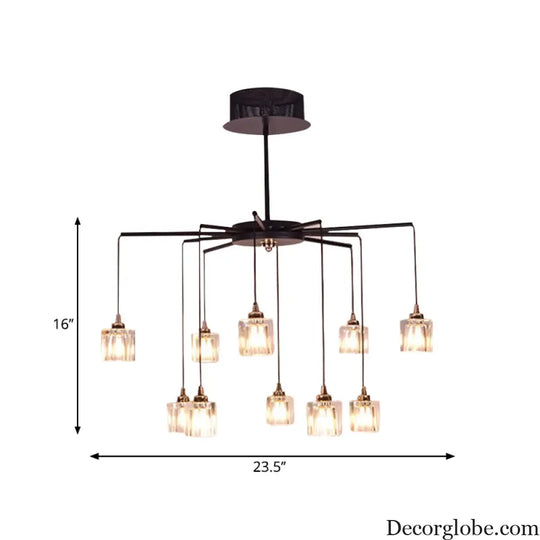 Modernist Radial Ceiling Chandelier - 10 Lights with Black Finish Metal Pendant and Clear Crystal Cube Shade Black