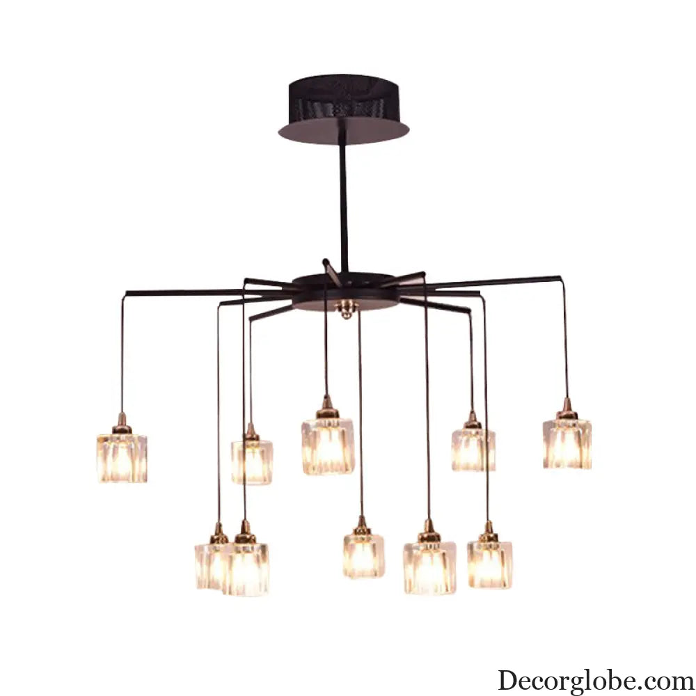Modernist Radial Ceiling Chandelier - 10 Lights with Black Finish Metal Pendant and Clear Crystal Cube Shade Black