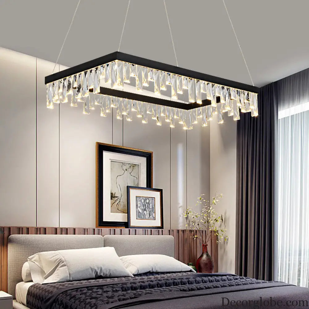 Modern Crystal Block LED Black Chandelier Lighting - Rectangle Hanging Light in 16’’/23.5’’ Width