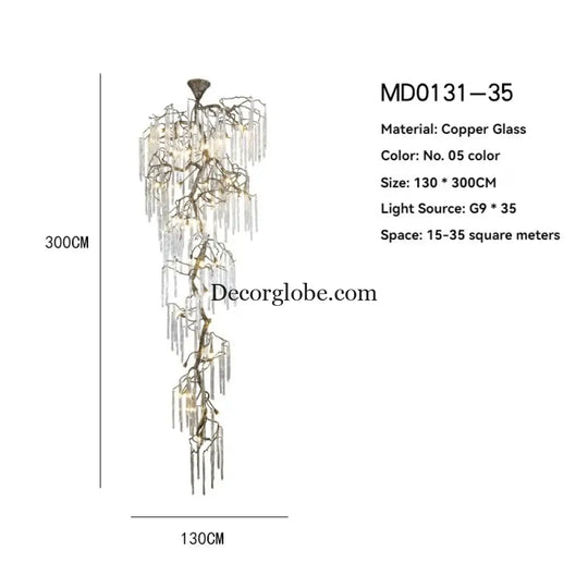 Brass Branch Crystal Pendant Chandelier for Staircase Lighting Chandelier