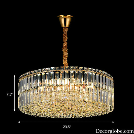 Contemporary Gold Drum Chandelier Light | 6/8 Lights | Rectangular-Cut Crystal | Ceiling Hanging Light 19.5’’/23.5’’
