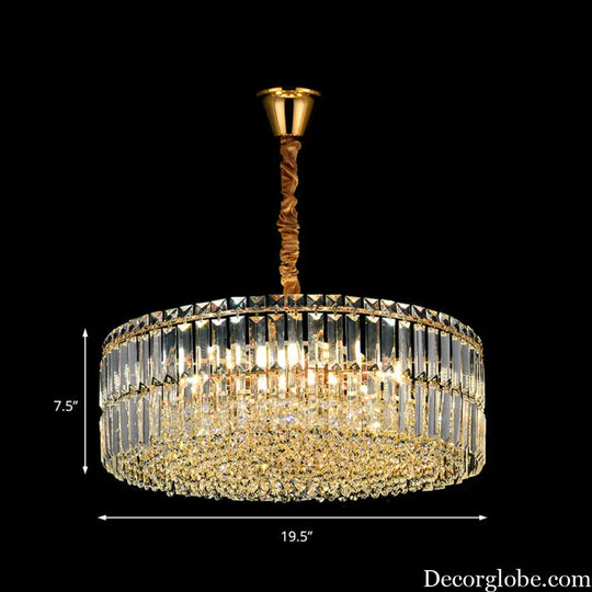Contemporary Gold Drum Chandelier Light | 6/8 Lights | Rectangular-Cut Crystal | Ceiling Hanging Light 19.5’’/23.5’’