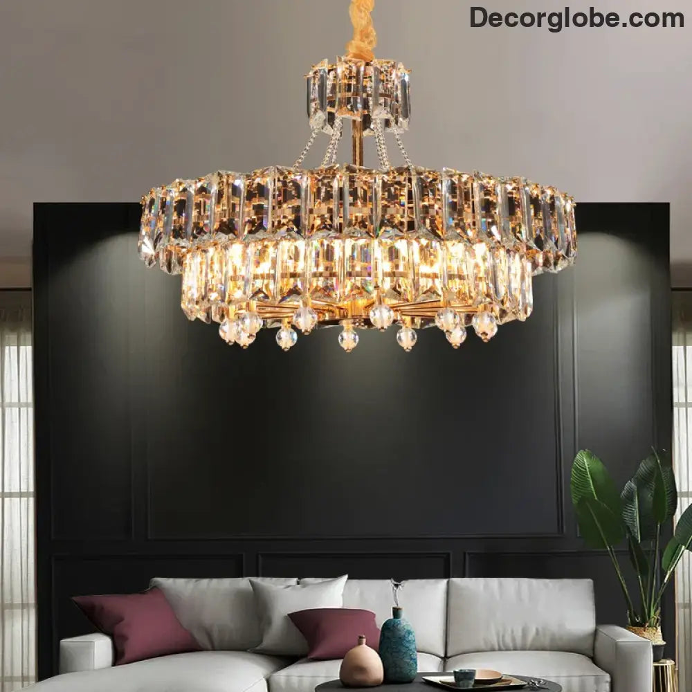 Contemporary LED Crystal Chandelier - Illuminate Your Living Room with Elegant Round and Rectangle Golden Indoor Lighting - DecorGlobe