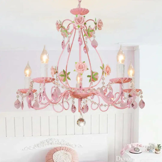 Contemporary Pink Ceiling Chandelier - E14 LED Lighting with Crystal, Iron, and Ceramic Accents - DecorGlobe