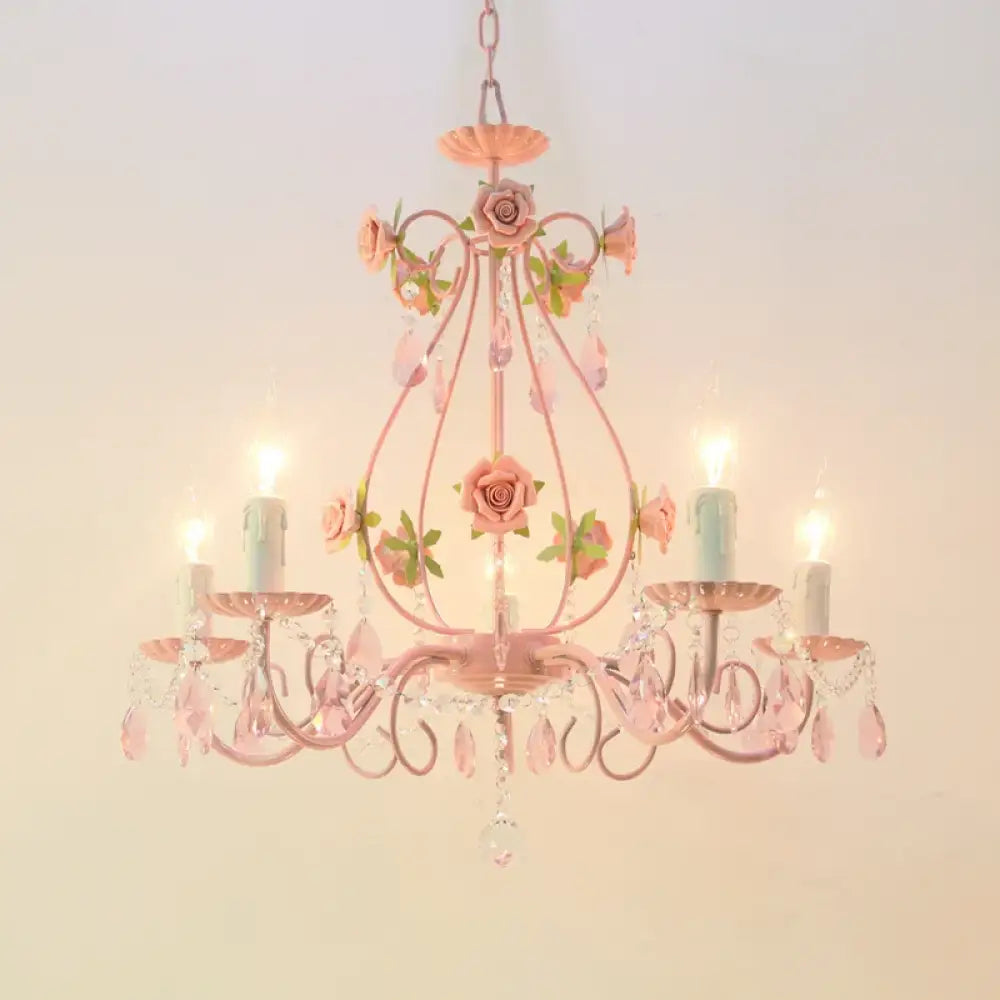 Contemporary Pink Ceiling Chandelier - E14 LED Lighting with Crystal, Iron, and Ceramic Accents - DecorGlobe