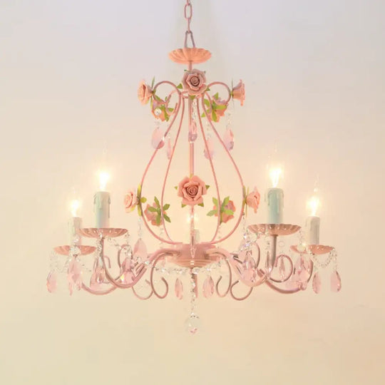 Contemporary Pink Ceiling Chandelier - E14 LED Lighting with Crystal, Iron, and Ceramic Accents - DecorGlobe