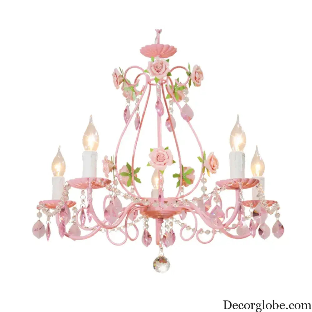 Contemporary Pink Ceiling Chandelier - E14 LED Lighting with Crystal, Iron, and Ceramic Accents - DecorGlobe