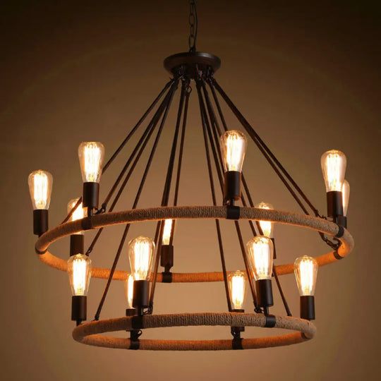 Country Hemp Rope Loop Chandelier - Hanging Ceiling Light Black Restaurant Lamp 14 / Black