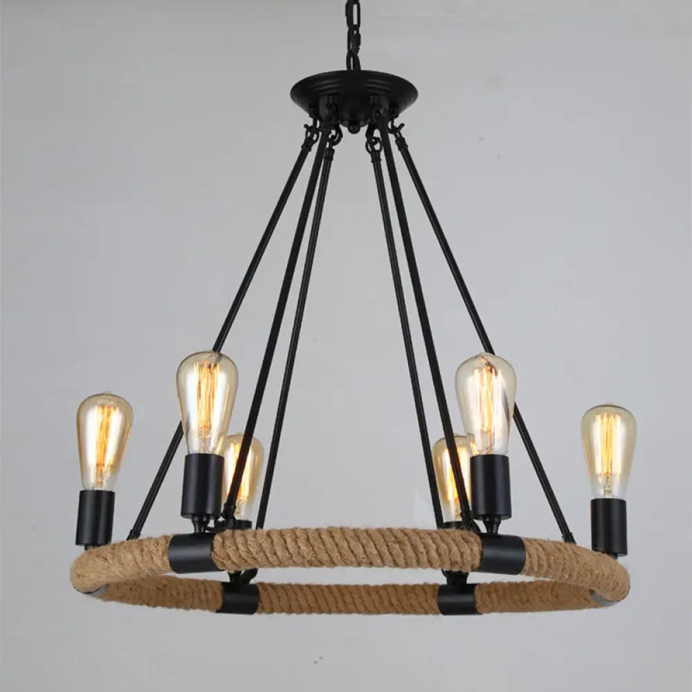 Country Hemp Rope Loop Chandelier - Hanging Ceiling Light Black Restaurant Lamp 6 / Black