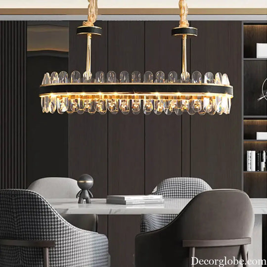 Dimmable LED Crystal Oval Ceiling Chandeliers - Black Leather Luxury Lustres for Dining Room Decor - DecorGlobe