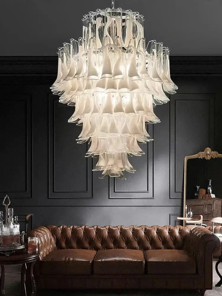 Elara White Petal Glass LED Chandelier for Staircase & Villa Décor - DecorGlobe