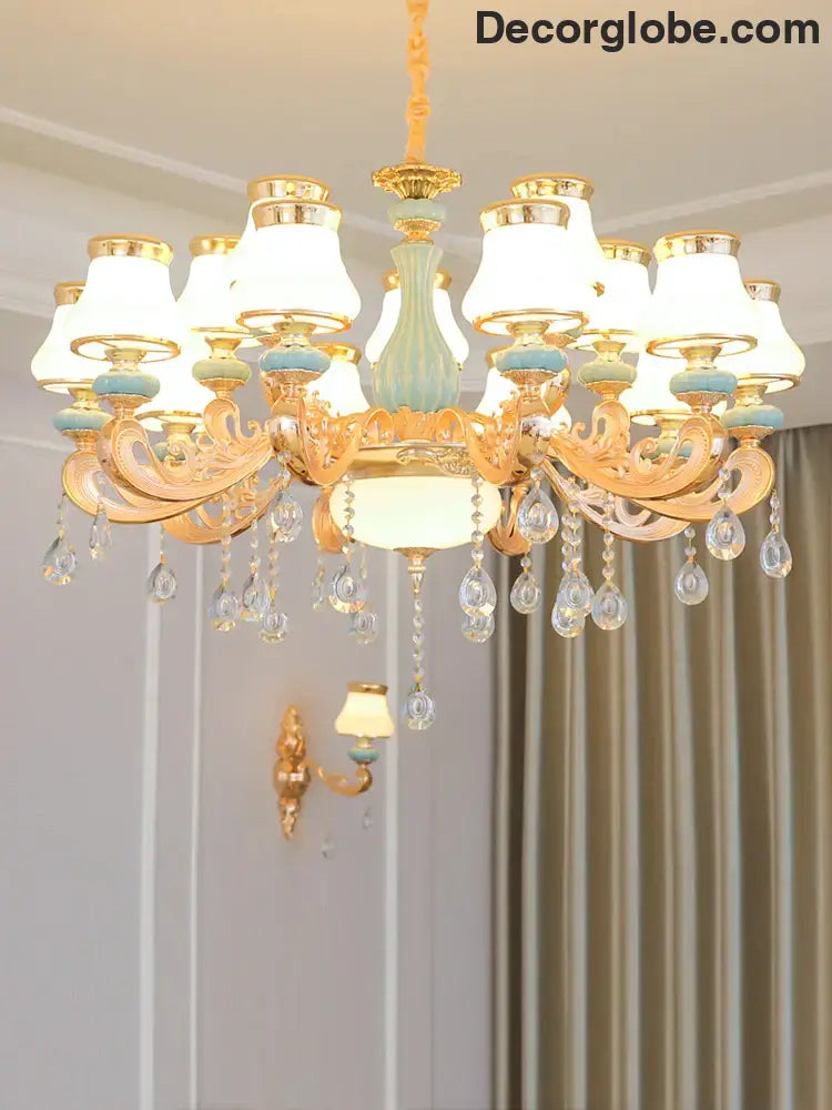 Elegant Blue Ceramic European Crystal Chandelier - Perfect for Living Rooms, Dining Rooms, and Bedrooms - DecorGlobe