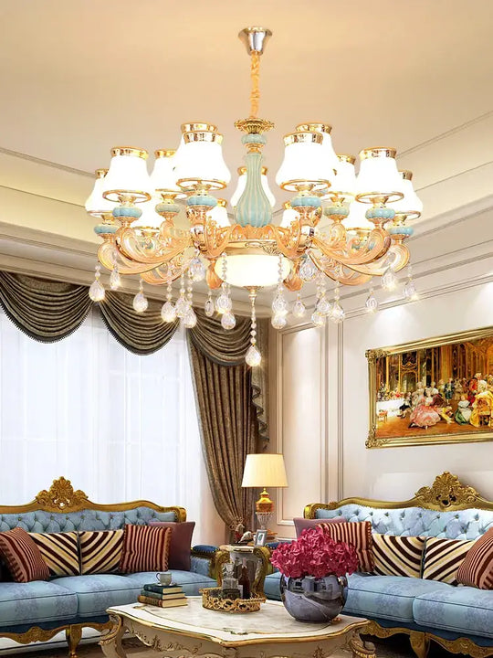 Elegant Blue Ceramic European Crystal Chandelier - Perfect for Living Rooms, Dining Rooms, and Bedrooms - DecorGlobe