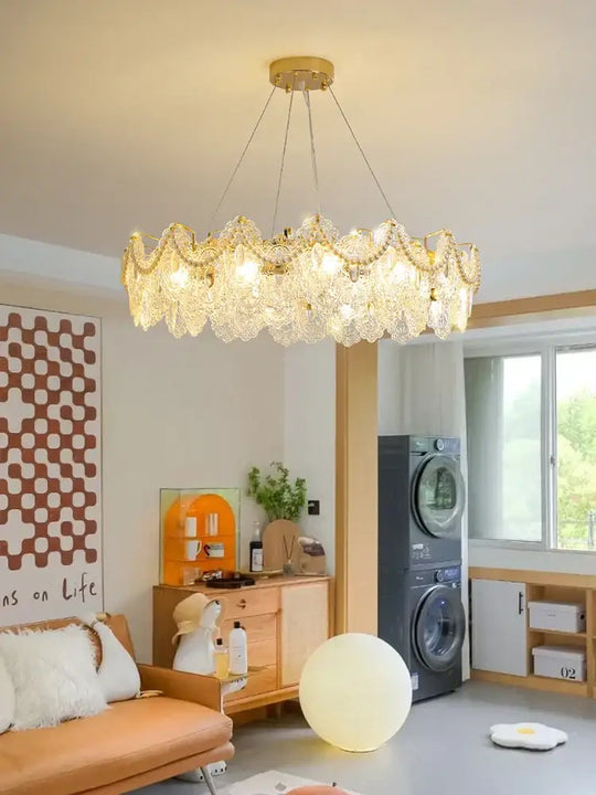 Elegant French Light Luxury Glass Chandelier - Modern Golden Rectangular Dining Room and Living Room Lighting Fixture - DecorGlobe