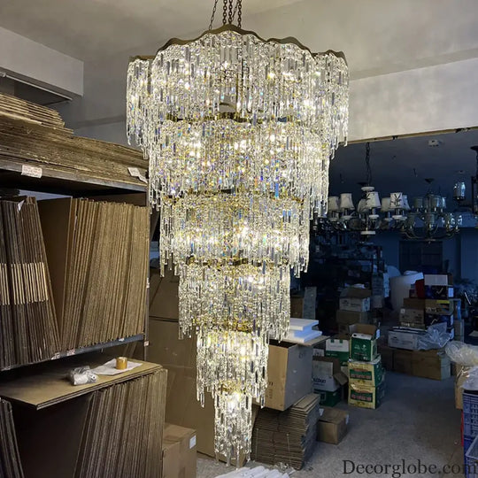 Elegant Golden Art Staircase Grand Chandelier - Luxury Crystal Illumination for Villa Halls with High Ceilings - DecorGlobe