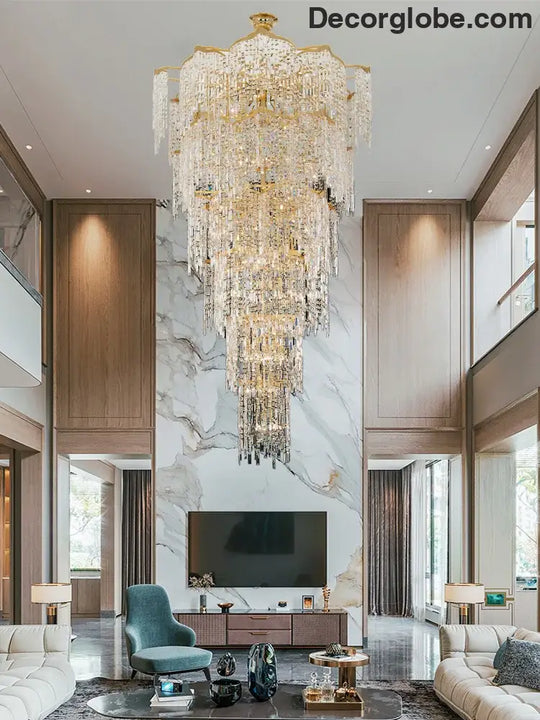 Elegant Golden Art Staircase Grand Chandelier - Luxury Crystal Illumination for Villa Halls with High Ceilings - DecorGlobe